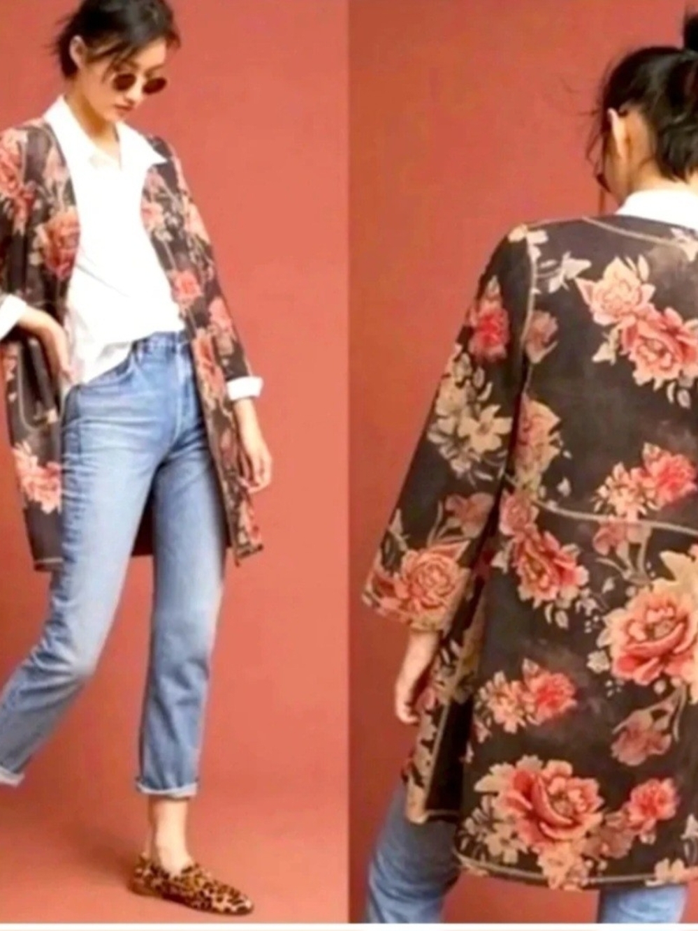 Solitaire Black Floral Open-Front Lightweight Jacket with Pink Roses Size Medium
